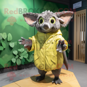 Olive Bat mascot costume character dressed with a Raincoat and Mittens