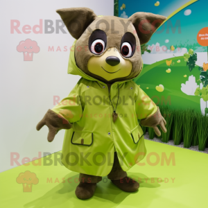 Olive Bat mascot costume character dressed with a Raincoat and Mittens