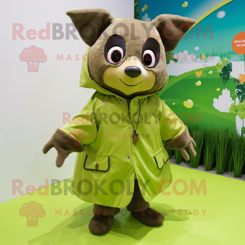 Olive Bat mascot costume character dressed with a Raincoat and Mittens Olive Bat mascot costume character dressed with a Raincoat and Mittens