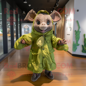 Olive Bat mascot costume character dressed with a Raincoat and Mittens