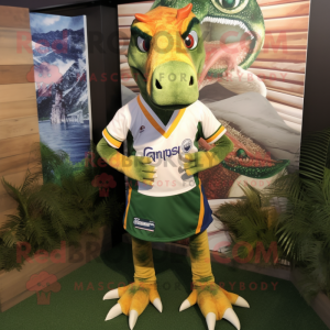 nan Coelophysis mascot costume character dressed with a Rugby Shirt and Scarf clips