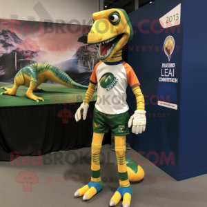 nan Coelophysis mascot costume character dressed with a Rugby Shirt and Scarf clips