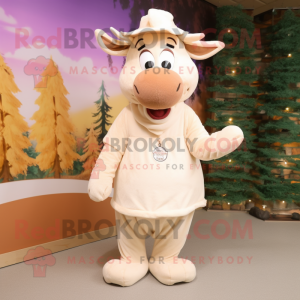 Cream Moose mascot costume character dressed with a Mini Dress and Caps