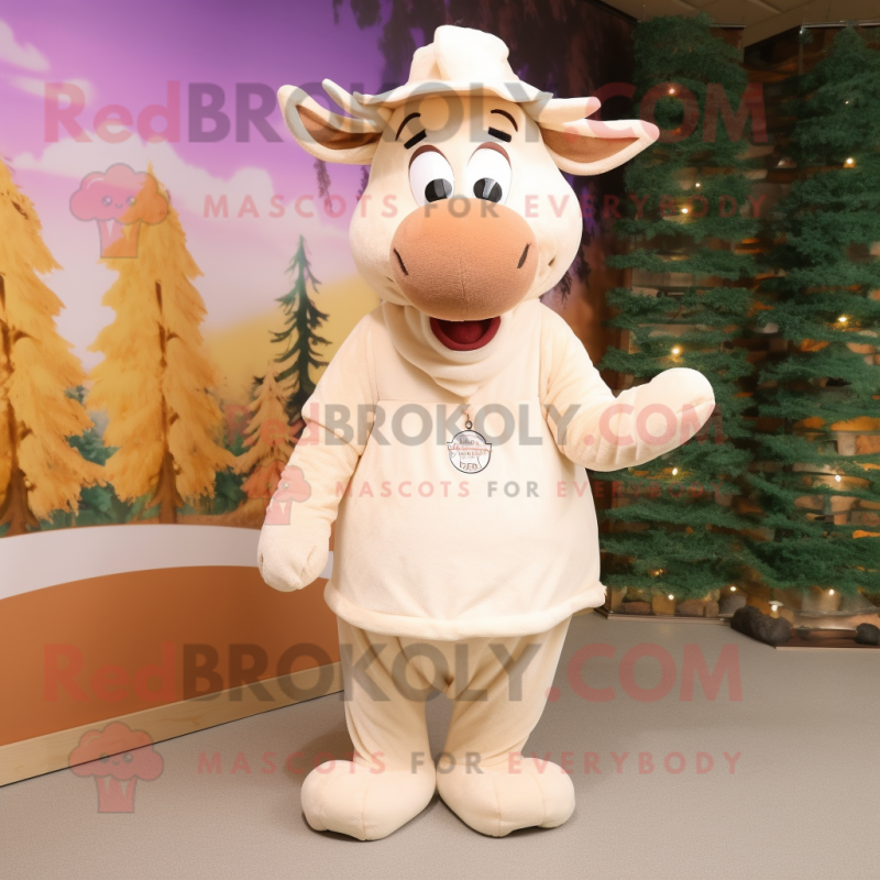 Cream Moose mascot costume character dressed with a Mini Dress and Caps