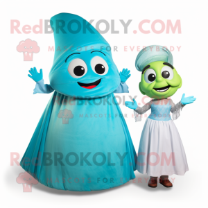 Cyan Fajitas mascot costume character dressed with a Ball Gown and Mittens