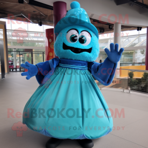 Cyan Fajitas mascot costume character dressed with a Ball Gown and Mittens