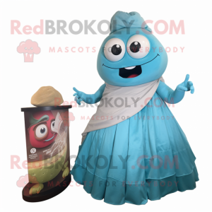 Cyan Fajitas mascot costume character dressed with a Ball Gown and Mittens