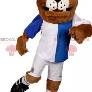 Bull-dog maskot i fotbollsutrustning. Bull hund kostym -