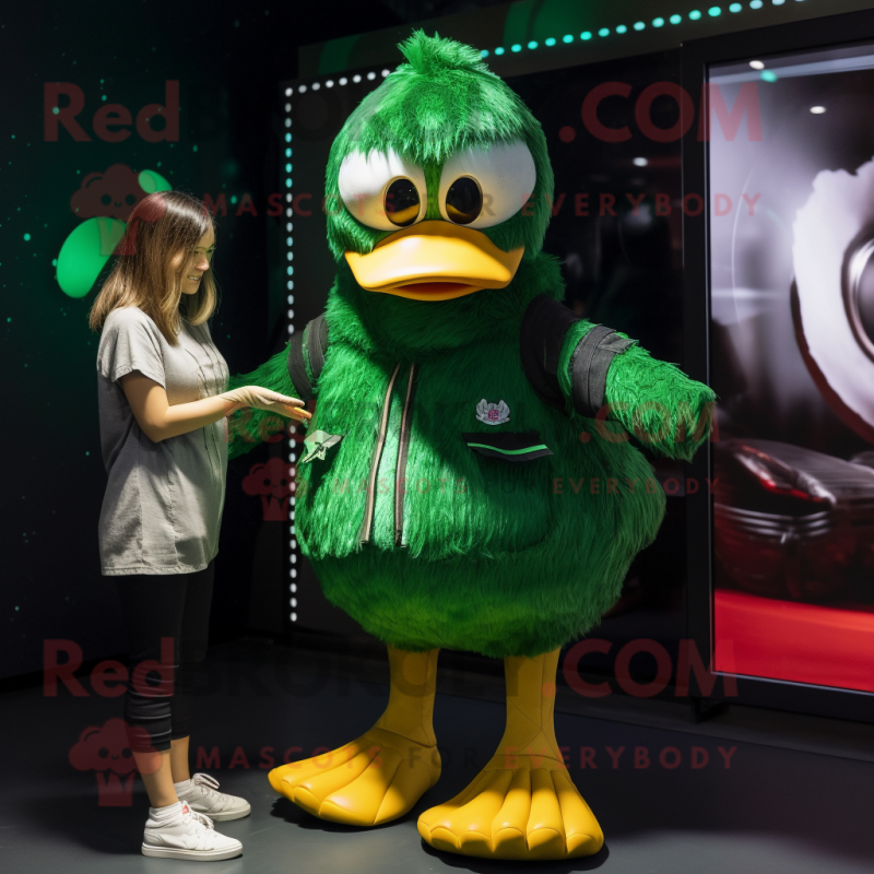 Forest Green Duck mascot costume character dressed with a Playsuit and Watches