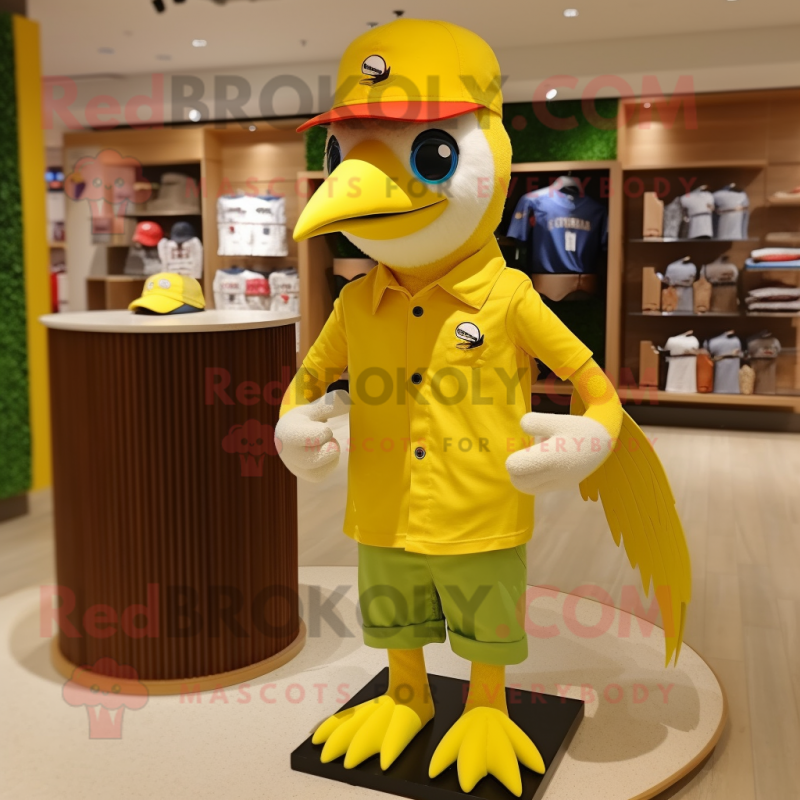 Lemon Yellow Woodpecker mascot costume character dressed with a Polo Tee and Rings