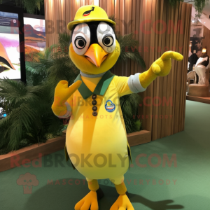 Lemon Yellow Woodpecker mascot costume character dressed with a Polo Tee and Rings