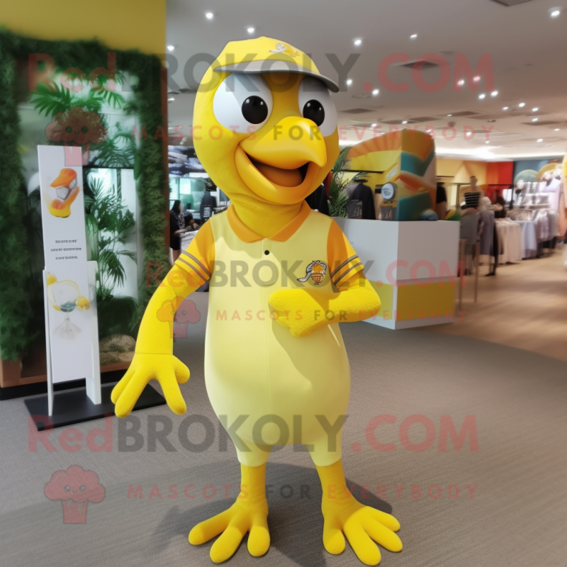 Lemon Yellow Woodpecker mascot costume character dressed with a Polo Tee and Rings