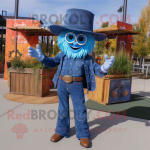 Blue Scarecrow mascot costume character dressed with a Flare Jeans and Rings