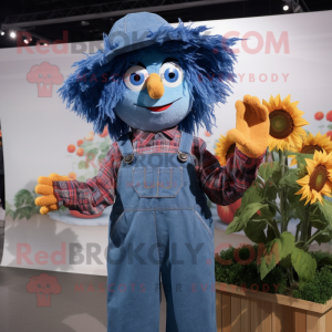 Blue Scarecrow mascot costume character dressed with a Flare Jeans and Rings