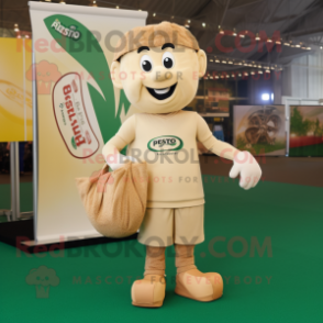 Tan Pesto Pasta mascot costume character dressed with a Rugby Shirt and Tote bags