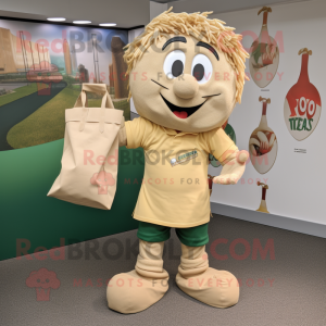 Tan Pesto Pasta mascot costume character dressed with a Rugby Shirt and Tote bags