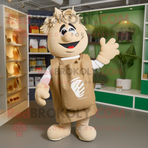 Tan Pesto Pasta mascot costume character dressed with a Rugby Shirt and Tote bags