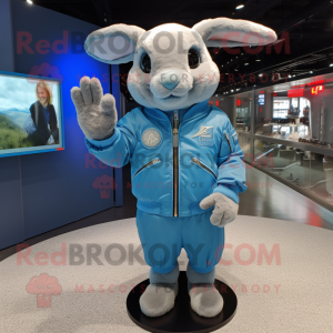 Sky Blue Wild Rabbit mascot costume character dressed with a Bomber Jacket and Rings