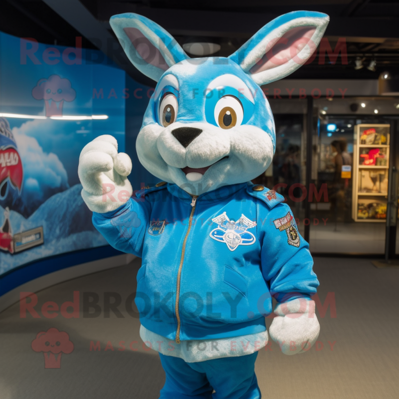 Sky Blue Wild Rabbit mascot costume character dressed with a Bomber Jacket and Rings