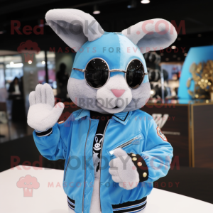 Sky Blue Wild Rabbit mascot costume character dressed with a Bomber Jacket and Rings