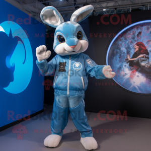 Sky Blue Wild Rabbit mascot costume character dressed with a Bomber Jacket and Rings