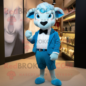 Sky Blue Ram mascot costume character dressed with a Bodysuit and Bow ties