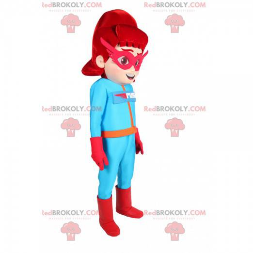 Mascota de superheroína enmascarada en traje azul -