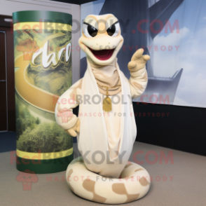 Cream Anaconda mascot costume character dressed with a Midi Dress and Tie pins