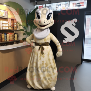 Cream Anaconda mascot costume character dressed with a Midi Dress and Tie pins