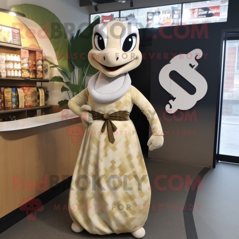 Cream Anaconda mascot costume character dressed with a Midi Dress and Tie pins Cream Anaconda mascot costume character dressed with a Midi Dress and Tie pins