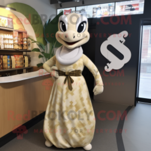 Cream Anaconda mascot costume character dressed with a Midi Dress and Tie pins
