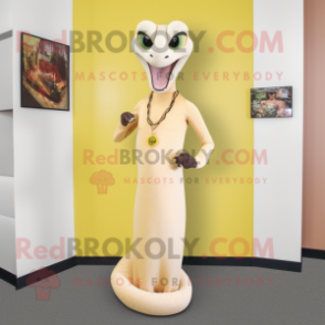 Cream Anaconda mascot costume character dressed with a Midi Dress and Tie pins