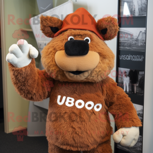 Rust Woolly Rhinoceros mascot costume character dressed with a Henley Tee and Beanies