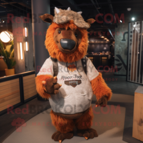 Rust Woolly Rhinoceros mascot costume character dressed with a Henley Tee and Beanies