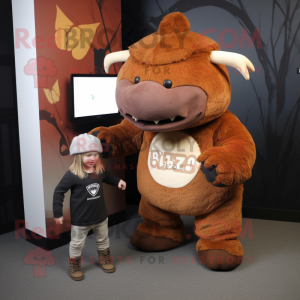 Rust Woolly Rhinoceros mascot costume character dressed with a Henley Tee and Beanies