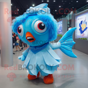 Sky Blue Goldfish mascot costume character dressed with a Culottes and Hairpins