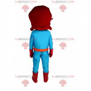 Gemaskerde superheldin mascotte in blauwe outfit -