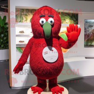 Red Kiwi mascot costume character dressed with a Cardigan and Gloves
