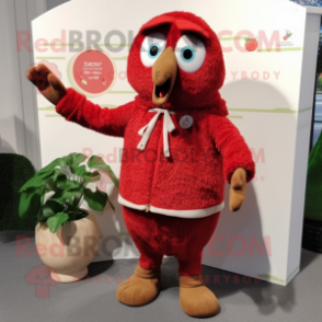 Red Kiwi mascot costume character dressed with a Cardigan and Gloves