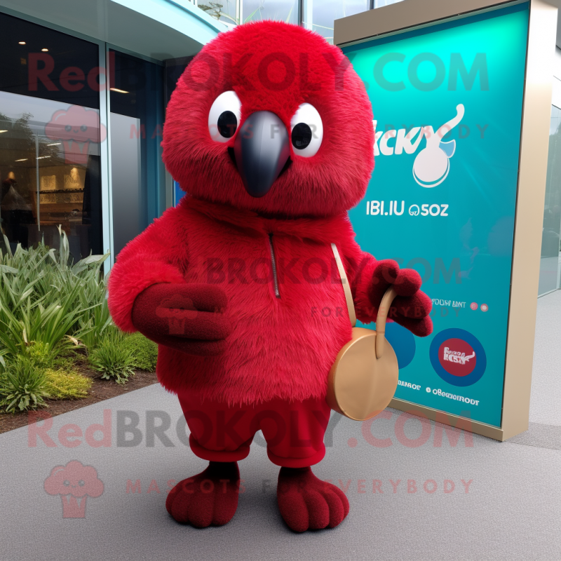 Red Kiwi mascot costume character dressed with a Cardigan and Gloves