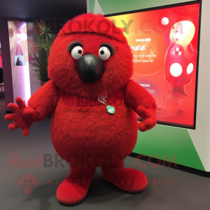 Red Kiwi mascot costume character dressed with a Cardigan and Gloves