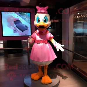 Pink Duck mascot costume character dressed with a Mini Dress and Cummerbunds