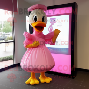 Pink Duck mascot costume character dressed with a Mini Dress and Cummerbunds