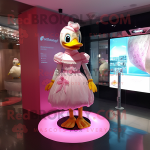 Pink Duck mascot costume character dressed with a Mini Dress and Cummerbunds