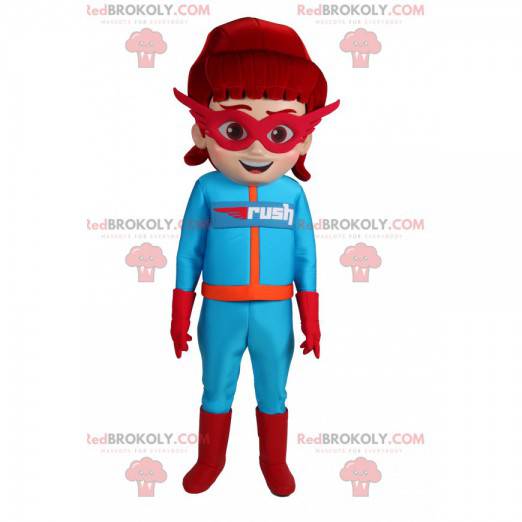 Gemaskerde superheldin mascotte in blauwe outfit -