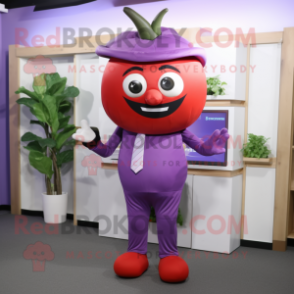 Purple Tomato mascot costume character dressed with a Trousers and Headbands