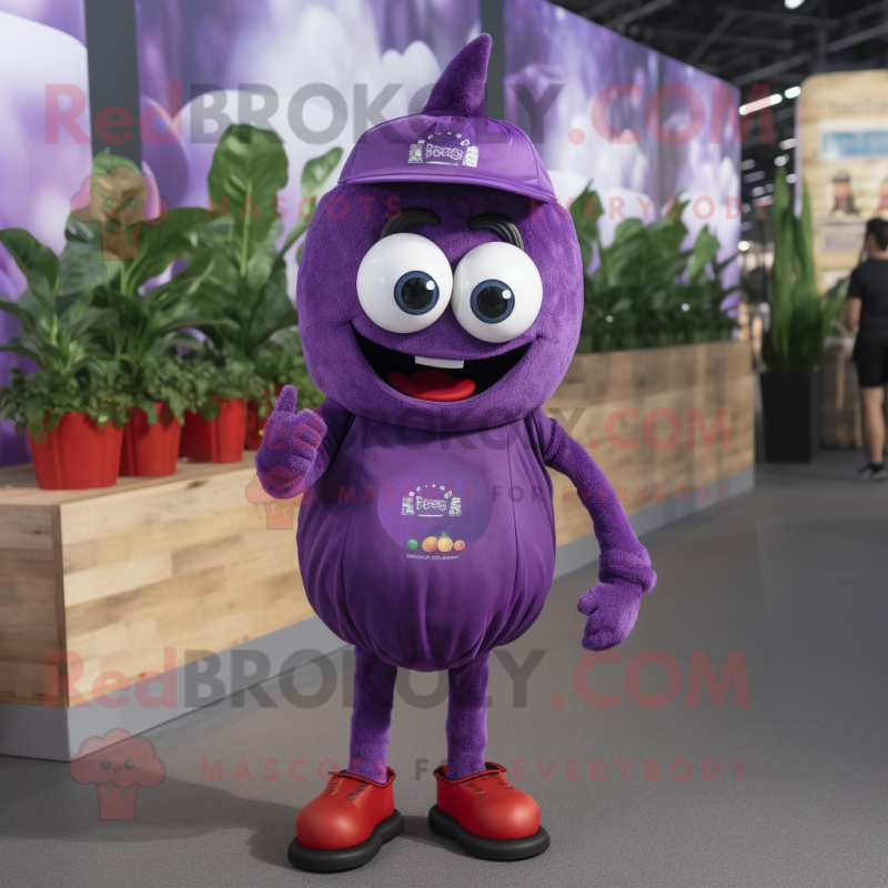 Purple Tomato mascot costume character dressed with a Trousers and Headbands Purple Tomato mascot costume character dressed with a Trousers and Headbands