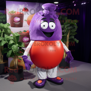 Purple Tomato mascot costume character dressed with a Trousers and Headbands