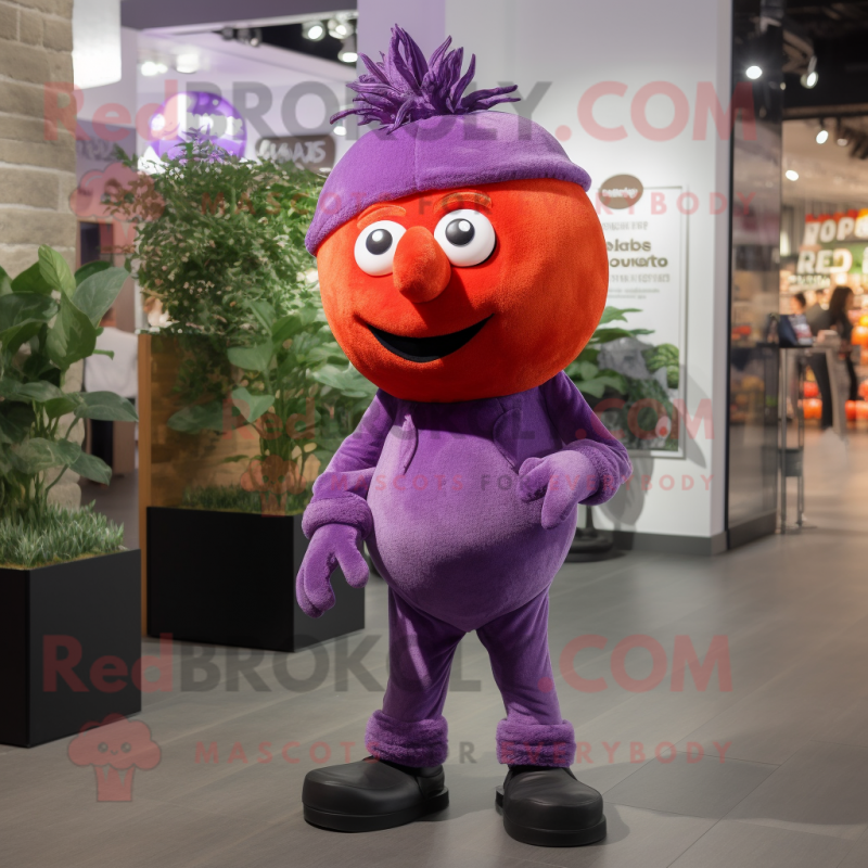 Purple Tomato mascot costume character dressed with a Trousers and Headbands Purple Tomato mascot costume character dressed with a Trousers and Headbands