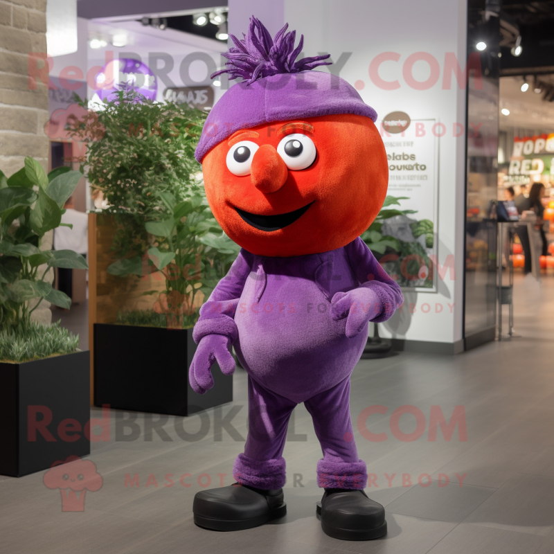 Purple Tomato mascot costume character dressed with a Trousers and Headbands